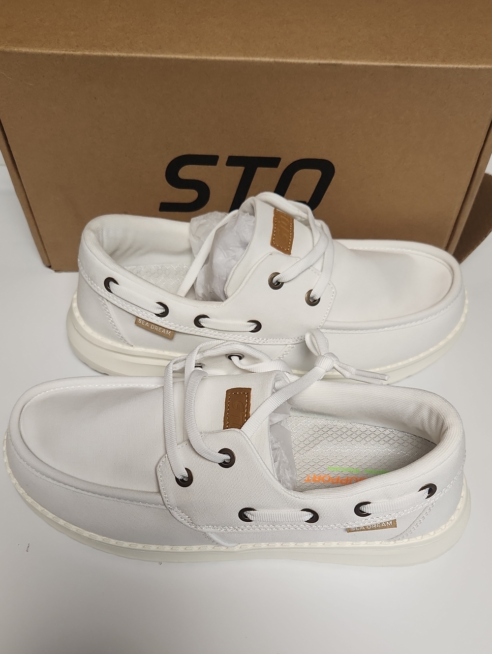White Women’s Athletic Boat-Style Sneakers with Tan Accents